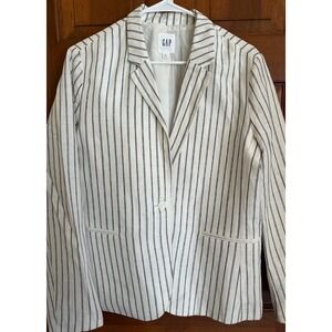 Gap Linen Chalk-Striped Blazer Womens 16 Navy Lined Oversized Relaxed Fit Office